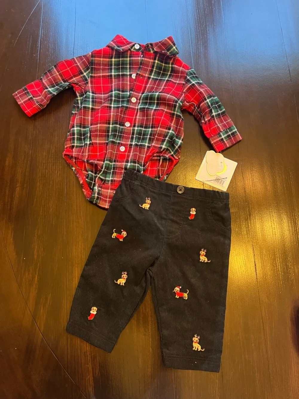 New - Little Me Red Plaid Christmas Baby Onesie with Navy Embroidered Pants